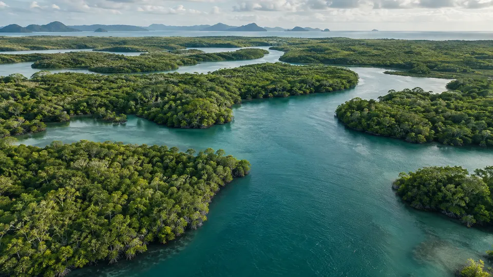 Illustrative aerial view of mangrove islands and winding coastal water channels