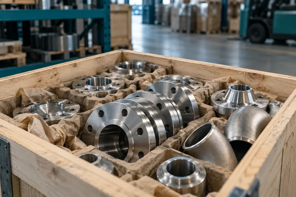 Illustrative steel flanges and fittings in protective fiber packaging inside a shipping crate