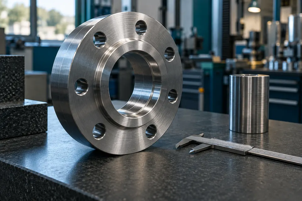 Illustrative machined steel flange and caliper on an inspection bench