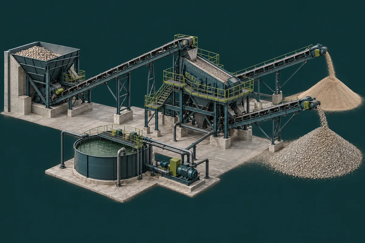 Conceptual aggregate feeding, screening and conveying scene with a pumping system in the foreground